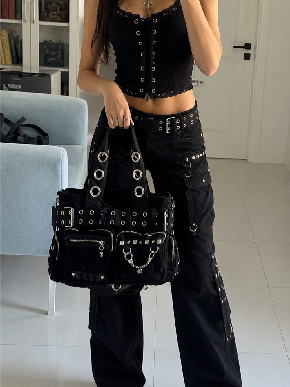 Edgy Goth Punk Black Handbag with Handcuff Skull Charm - Picture 2 of 2